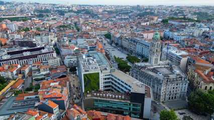 Aerial panorama view of the downtown in the city Porto in portugal on a sunny spring noon. 