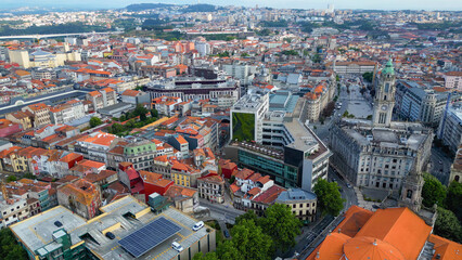 Aerial panorama view of the downtown in the city Porto in portugal on a sunny spring noon. 