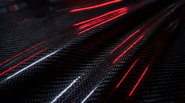 Black carbon fiber texture pattern with red neon reflection