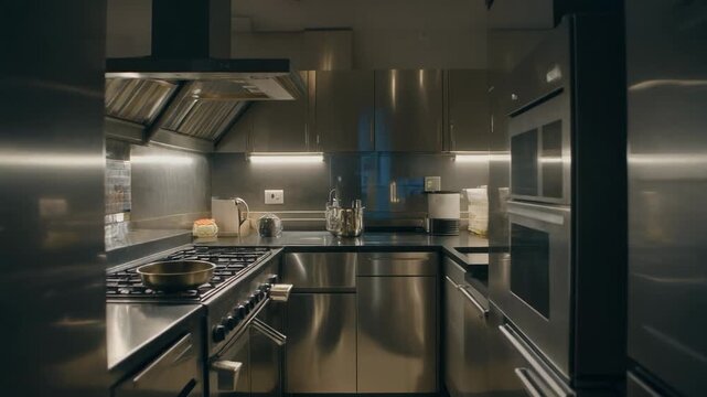 Modern kitchen interior with sleek appliances and stainless steel surfaces viewed from a central perspective