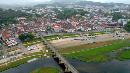 Aerial panorama view of the downtown in the city Pte-do-Lima in portugal on a cloudy spring noon. 
