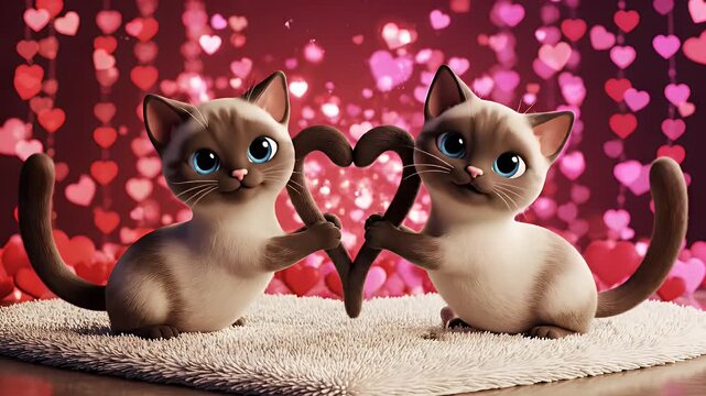 Siamese Cats Making Heart Shape with Tails for Valentine's Day - Two adorable Siamese kittens are sitting on a fluffy rug, forming a heart shape with their tails against a backdrop of blurred hearts.