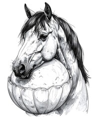 Black and white illustration of a horse's head biting a round, bowl-shaped object with a floral design