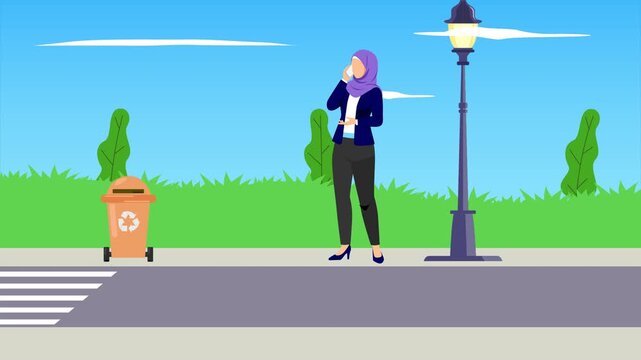 a woman making a phone call on the side of the road. Real life story telling concept. Full length animation illustration. High quality&nbsp;4k&nbsp;footage