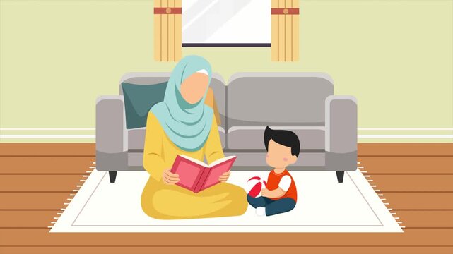 mother tells story to child. Real life story telling concept. Full length animation illustration. High quality&nbsp;4k&nbsp;footage