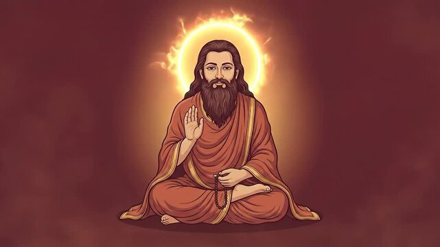 Guru ravidas, depicted in a warm digital illustration, sits meditating with a glowing halo and blessing gesture on a spiritual red background for jayanti.
