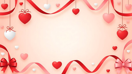 Elegant Valentine's Day themed background illustration with floating hearts and decorative ribbons creating a beautiful festive frame perfect for romantic greetings or special occasions