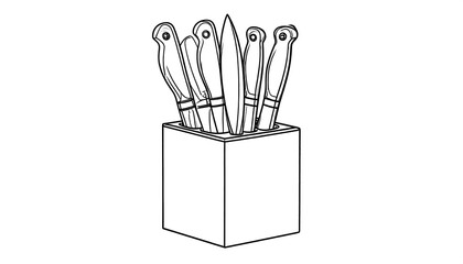Black and white illustration of a knife block with several knives sticking out, against a stark white background