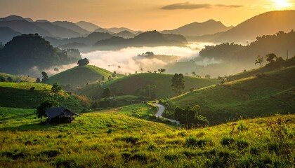 Fototapeta premium Serene Morning Vista - Rolling Green Hills and Misty Valley Under Golden Sunrise.