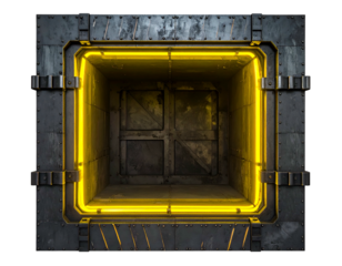 Metallic cube with glowing yellow frame, centered on a black background