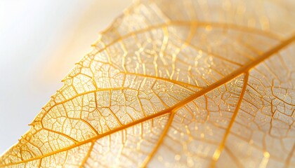 Close-up of a delicate, transparent leaf showing intricate veins in golden hues