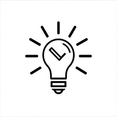 Black and white illustration of a light bulb with radiating lines, and a checkmark inside the bulb