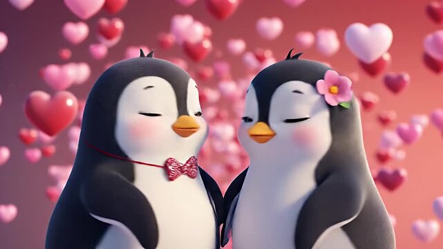 Penguin Love - Two cartoon penguins are shown kissing against a backdrop of floating hearts, suggesting love and romance.