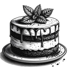 Black and white illustration of a layered dessert on a plate, topped with a mint sprig. Chocolate drizzle