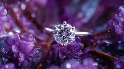 Sparkling Diamond Ring on Purple Flower Petals with Water Drops