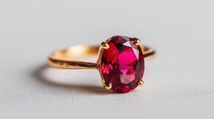 Elegant Ruby Ring with Gold Band on Soft Gray Background
