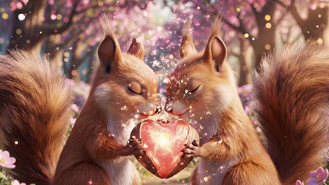 Squirrel Romance with a Heart - Two cartoon squirrels are shown face to face holding a glowing heart with their paws. The background has a soft bokeh effect with pink blossoms.