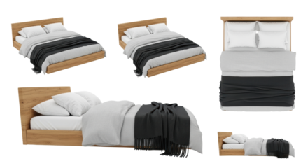 high-end photorealistic 3d render showing five isolated views of a luxurious low-profile light oak double bed with crisp white bedding on a transparent background with copy space. concept for luxury