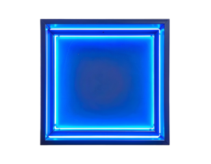 Blue neon square light within a dark, square frame