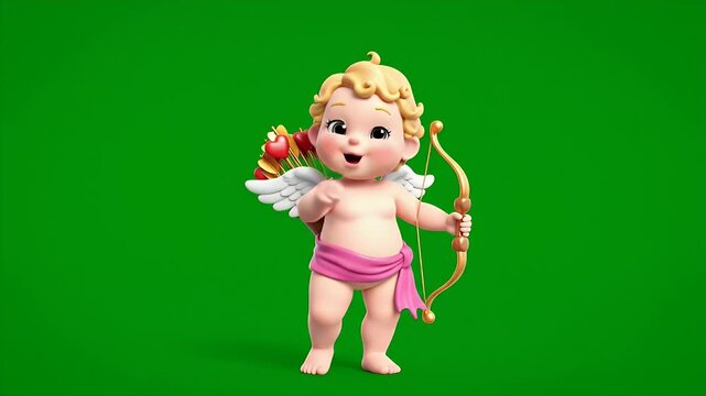 Cupid with Arrow on Green Screen - A 3D video cartoon cupid stands against a green screen background. The cupid is holding a bow and arrow with heart-shaped ends, and is blowing a kiss.