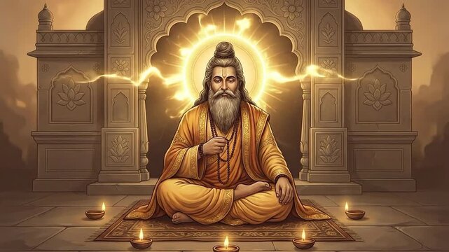 Guru ravidas is shown meditating in a detailed golden illustration, framed by an archway and divine light, marking ravidas jayanti.