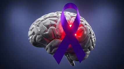 Purple ribbon over a glowing brain with visible internal light spots against a dark blue background