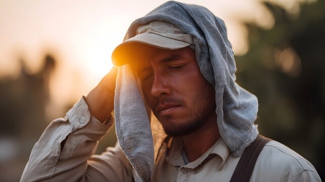 A weary worker wipes sweat from his brow under the scorching sun at golden hour