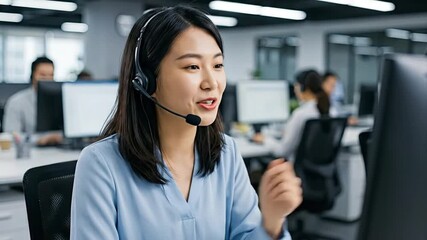 A focused young professional, dressed in a light blue blouse, is actively communicating while wearing a modern headset with a microphone. She is seated at a desk in a contemporary, open-plan office en - Powered by Adobe