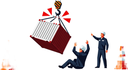 minimalist flat design vector of a huge red container falling as two male construction workers panic near geometric orange cones on a dusty industrial site. concept of immediate workplace hazard