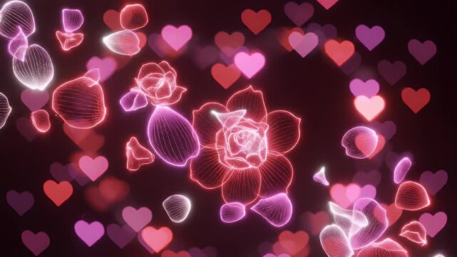 Glowing Neon Hearts and Roses Background - A vibrant digital illustration featuring glowing neon roses and scattered petals surrounded by a backdrop of pink and red hearts.