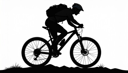 Fototapeta premium Silhouette of a Mountain Biker Riding Uphill on a Trail, Adventure and Outdoors.