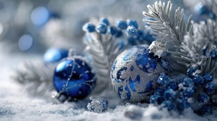 Sparkling Blue and Silver Christmas Decorations on Winter Background
