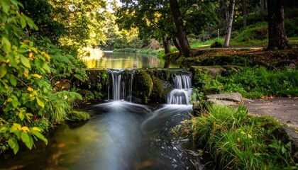 Serene Waterfall Cascading into a Tranquil River Amidst Lush Greenery and Trees.
