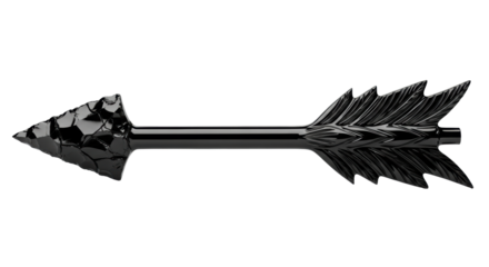 stunning macro shot of a horizontal black obsidian arrow with strong rim lighting and shallow dof, showcasing knapped textures on a transparent backdrop, concept of focused intent and danger