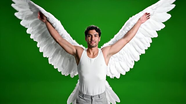 Man with Angel Wings on Green Screen - A man wearing a white tank top and light gray pants stands with his arms outstretched, large white feathered wings attached to his back.