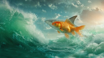Goldfish and Shark Leap Above Turbulent Ocean Waves Under Clouds