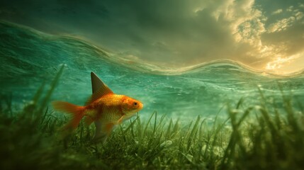 Enigmatic Goldfish Swimming in Serene Ocean Waters Under Sunset