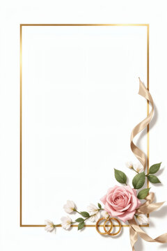 Clean wedding frame with gold line border and ring decoration corner
