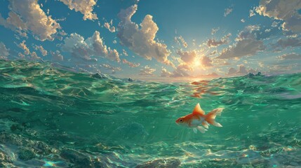 Majestic Goldfish Gliding Through Vibrant Ocean Waters at Sunset
