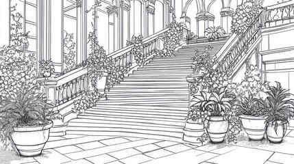 Architectural sketch of ornate staircase with plants
