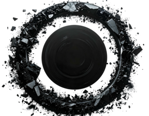 Black sphere surrounded by shattered glass and concentric rings