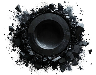 A dark, circular object exploding with shattered debris on black