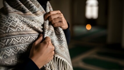 Person holding traditional woolen blanket indoors.
