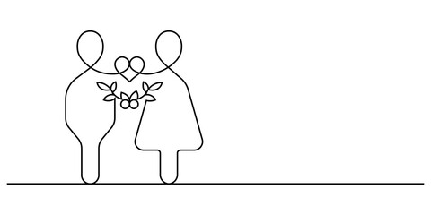 couple icon symbol love concept. male and female sign with heart shape and floral decorative one line continuous drawing minimalism copy space
