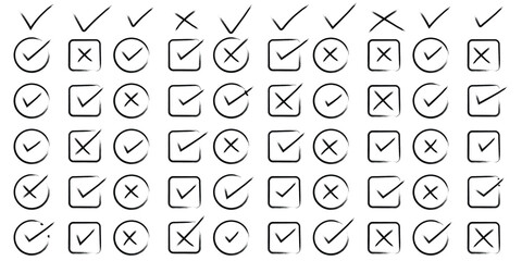 check mark and cross element. doodle, hand drawn brush vector illustration. eps 10