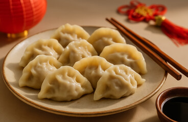 Nine freshly steamed dumplings rest neatly on a plate, accompanied by chopsticks and soy sauce.