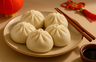 Five freshly steamed buns with pleated tops sit neatly on a plate, beside chopsticks and soy sauce.