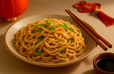A plate of glossy noodles garnished with fresh green vegetables sits beside chopsticks and soy sauce.