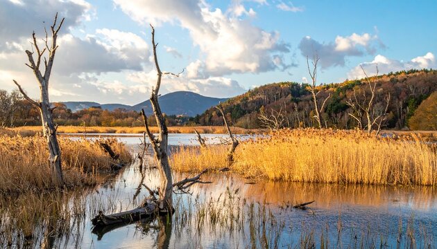 Serene Wetland Landscape - Dead Trees, Golden Reeds, and Mountain Vista Under Cloudy Sky.