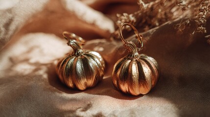 Charming Gold Pumpkin Earrings on Soft Beige Fabric Background
